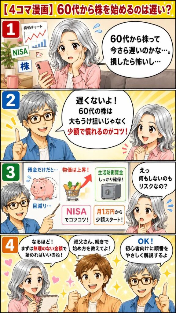 ４コマ漫画_60代から株を始めるコツ